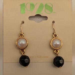 1928 Gold tone and Faux Pearl Drop Earrings